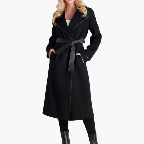 Tahari Jackets & Blazers - Tahari Faux Leather - Trim Belted Wrap Coat - Black - Women's Size L